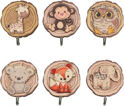 Set van 6 Houten Dierenvormige Zelfklevende Kledinghaken voor Kinderkamers - Wanddecoratie en Opbergruimte Zonder Boren