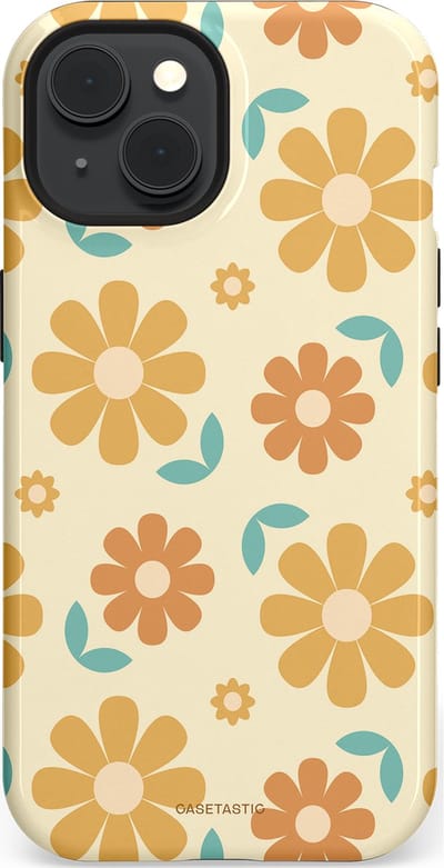 Casetastic hoesje geschikt voor Apple iPhone 15 - MagSafe - Dubbellaagse bescherming - Flower power Retro Bloemen - Geel - Oranje - Blauw - Fashion Case - Crème Goud Perzik