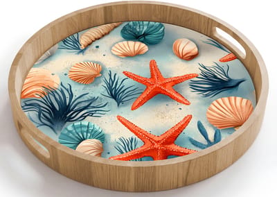 Dienblad rond 40x40 cm - Schootdienblad hout - Zeesterren - Schelpen - Illustratie - Zand - Borrelplank rechthoek - Plateau houten dienbladen