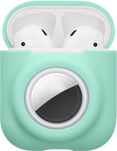 kwmobile oordopjes case geschikt voor Apple Airpods 1 & 2 hoesje - Oortjes cover met AirTag houder - In-ear koptelefoon hoes - Silicone in mintgroen
