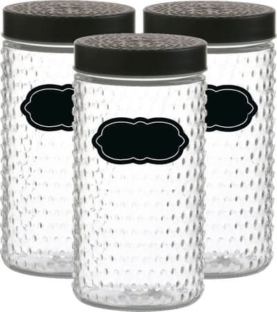 Voorraadpot/bewaarpot Roma - 6x - 1.5L - glas - zwart - incl. etiketten