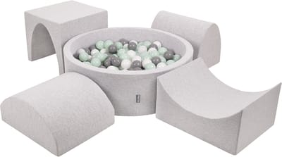 KiddyMoon schuimspeelplaats met rond ballenbad (200 ballen) ballenbakken voor baby's speelbad hindernisbanen, made in the eu, lichtgrijs:wit/grijs/minze