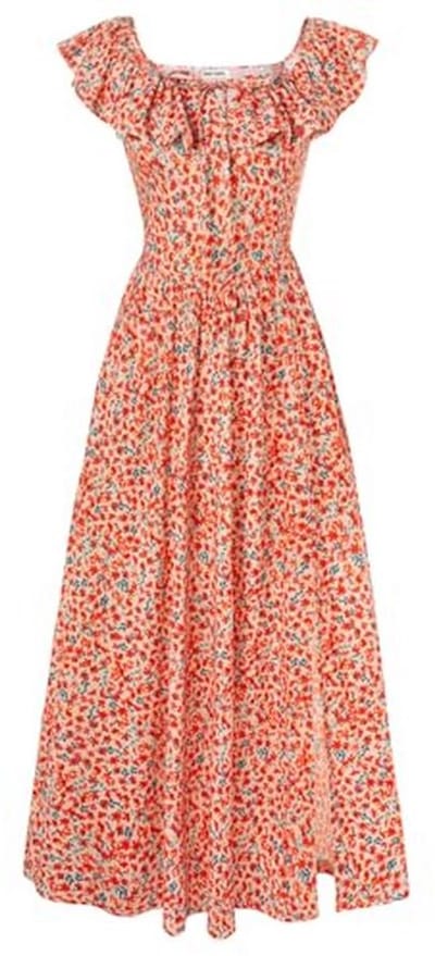 Vrouwen Zomer Bloem Motief V-Hals Ruffle Mouw Empire Taille A-Lijn Maxi Jurk met Zakken