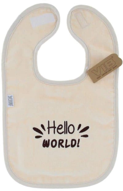 VIB® - Slabber 'Hello WORLD!' beige - Babykleertjes - Baby cadeau - zwangerschap aankondiging - geboorte cadeau