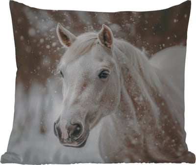 Tuinkussen - Paard - Wit - Winter - Natuur - Sneeuw - Dieren - 40x40 cm - Weerbestendig