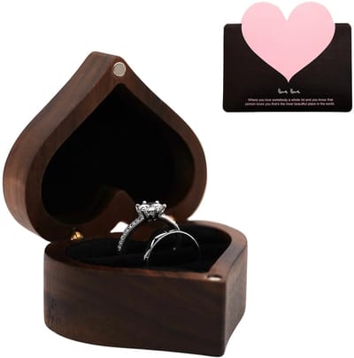 Dailygoods- Ringendoos Hartvormig - Houten Doos - Bruiloftsringhouder - Opvouwbaar - Magneetsluiting - Zacht Fluweel - Sieradendoos