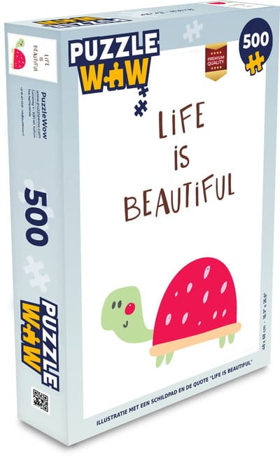 Puzzel Illustratie met een schildpad en de quote "Life is beautiful" - Legpuzzel - Puzzel 500 stukjes