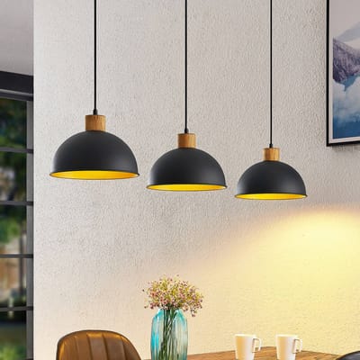 Lindby - hanglamp - 3lichts - Ijzer, rubberhout - H: 17.5 cm - E27 - zand zwart, goud, hout
