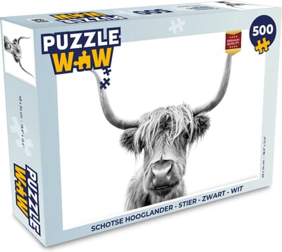 Puzzel Schotse hooglander - Stier - Zwart - Wit - Legpuzzel - Puzzel 500 stukjes