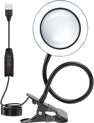 TRANSNECT® - Loeplamp met LED Verlichting - 10x Vergroting - Dimbaar - USB Aansluiting - met Metalen Tafelklem - voor Thuis, Kantoor, Slaapkamer, Lezen, Werken, Studeren - Zwart