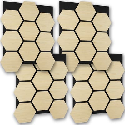tectake® Akoestische Hexagon Panelen - Set van 4 - Akoestisch Wandpaneel - 76 x 62 cm - Wandpanelen met Aanpasbare Grootte en Patronen - MDF en Houtfineer - Geluidsisolatie - Stijlvolle Wanddecoratie - Eenvoudige Montage - Licht Eiken