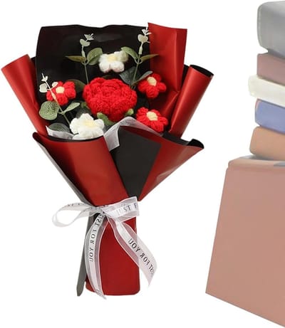 Gehaakt boeket - Kunstbloemen - Woondecoratie - Handgemaakt aandenken - 6 x 26 x 6 cm - Rood