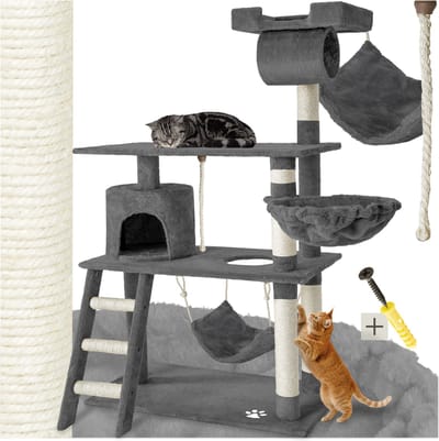 tectake® Kattenkrabpaal 141 cm – Krabpaal, Klimboom met Hangmat, Grot, Speeltouw en Trap – Pluche & Sisal – Extra Breed – Kattenhuis voor Binnen – Grijs
