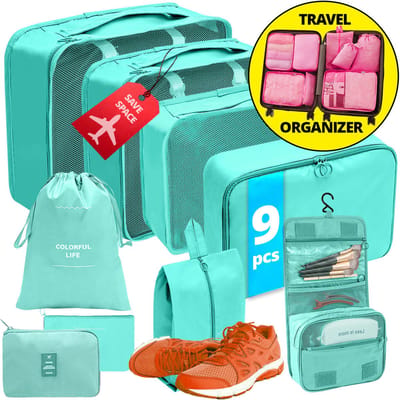 GMR Packing Cubes Set | 9 Delig | Koffer & Reistas Organizers voor Kleding, Schoenen, Backpack & Beauty - Koffer Organizer Set - Inclusief Cosmetica Tas & Etui - Aquamarine