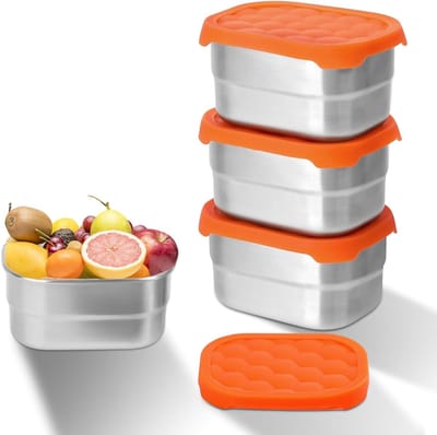 Lunchbox - Snackdoosjes - Snackdoosjes kinderen - Koekendoosjes kinderen school - Lunchbox volwassenen - 3-pack Snackbakjes van roestvrij staal - Met siliconen deksels - Gemakkelijk te openen en lekvrij - Voor peuters en kleuters (420ml)
