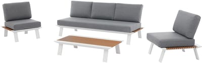 Vente-unique Aluminium tuinset: een driezits bank, 2 stoelen en een salontafel - Licht naturel en antraciet kussens - MALLY van MYLIA