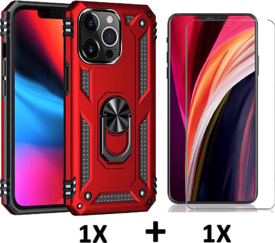 HB Hoesje Geschikt voor Apple iPhone 13 Pro - Rood / Glazen Screenprotector - Anti-Shock Hybrid Armor Back Cover - Hoes met Kickstand Ring