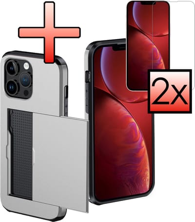 Hoes Geschikt voor iPhone 14 Pro Hoesje Pasjeshouder Hard Cover Met 2x Screenprotector Shock Proof Hard Case Hoes Met Kaarthouder - Grijs