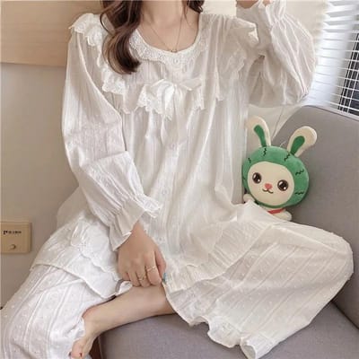 Paleis Stijl Kantrand Katoen en Linnen Pyjama Dames Lange Mouwen Broek Vest Huispak L wit
