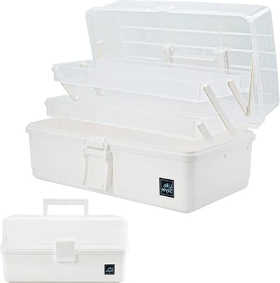 33 cm 3-laags multifunctionele opbergdoos, creatieve opbergbox met vakken, plastic gereedschapsbox voor medicijnen en haaraccessoires, naaidoos met 2 trays (Wit)