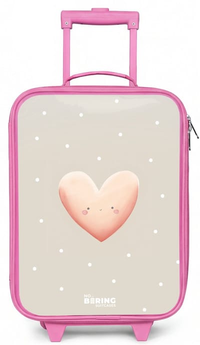 NoBoringSuitcases.com® - Kinderkoffer roze - Kindertrolley meisje - Roze hart omringd door beige stippen - Koffer kind lichtgewicht - Reiskoffer trolley voor kinderen - Koffertje met lichtgevende wieltjes - Rolkoffer