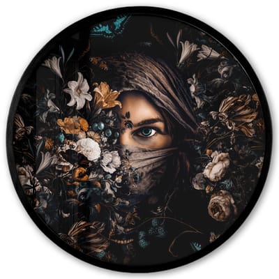 Poster in lijst Rond - Fotolijst 40x40 cm - Posters - Vrouw - Luxe - Bloemen - Vlinder - Portret - Ronde posterlijst zwart - Decoratie - Wanddecoratie woonkamer - Muurdecoratie slaapkamer