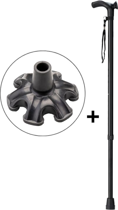 Wandelstok Zwart Links met anatomisch comfort handvat en polsbandje - Loopstok - Verstelbaar 75 - 97 cm - Lichtgewicht - Incl. 6-poot stokdop