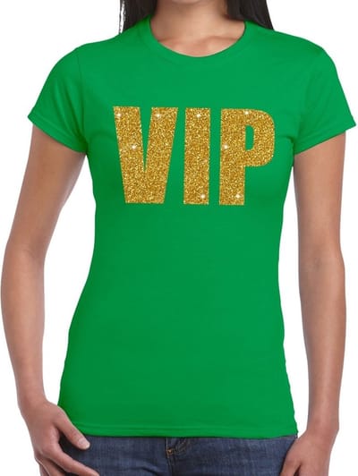 VIP tekst t-shirt - groen - glitter and glamour thema - gouden glitter letters - dames S