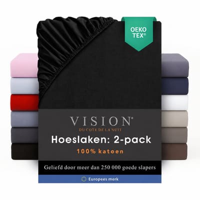 Vision - Hoeslaken - 100% katoen - 90 x 200cm verpakt per 2 stuks - Geschikt voor boxspring matras: ruime hoek van 30cm - Zwart - Oekotex gecertificeerd