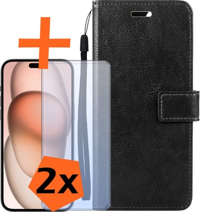 Hoes - Met 2x Screenprotector - Geschikt voor Apple iPhone 15 - Luxe Pasjeshouder - Bookcase Portemonee - Flip Case - Kunstleer Book Case - Flipcase Hoes - Book Cover - Walletcase - PortemonneeHoes - Zwart
