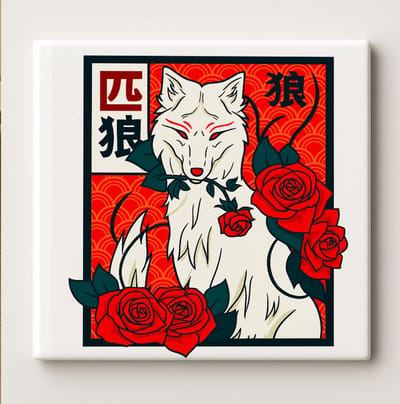 Japanse Wolf met Rozen Tegel – 15x15cm Keramische Kunstdecoratie – Oosterse Rood-Witte Wandtegel voor Huis, Studio of Cadeau