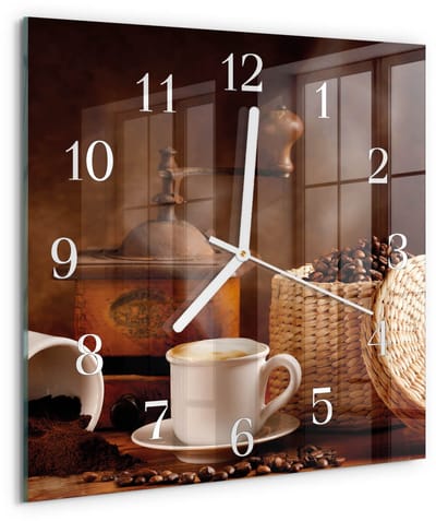 Tulup Wandklok - Kopje koffie Moderne Glazen Wandklok - 30x30 cm - Bruin Wandklok Glas Met Motief - Witte Handen - Vierkante Wandklok - Glazen Wandklok Design - Klok Glas Met Opdruk