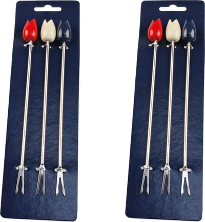 ELCEE-HALY BV - Trendy Fonduevorken met Hollandse tulpjes - RVS - set van 6 - Rood / Wit / Blauw