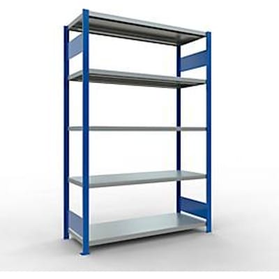 Schulte MULTIplus250 rekken zonder schroeven, basisrek, 5 legborden, tot 250 kg per legbord, zonder gereedschap monteerbaar, B 1300 x D 500 x H 2000, gentiaanblauw/verzinkt