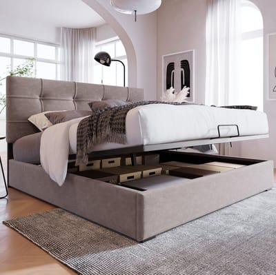 MEUNIQ tweepersoons bedframe 140x200 cm met opbergruimte, verstelbaar hoofdbord, lattenbodem, metalen frame en velvet stof voor slaapkamer, lichtgrijs