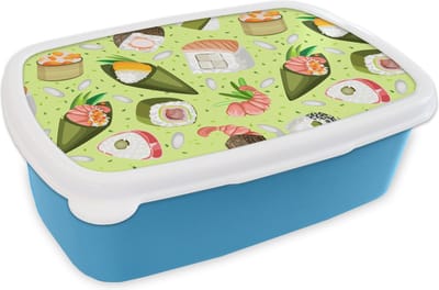 Broodtrommel Blauw - Lunchbox - Brooddoos - Patronen - Sushi - Japan - Groen - 18x12x6 cm - Kinderen - Jongen