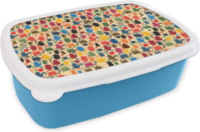 Broodtrommel Blauw - Lunchbox - Brooddoos - Patronen - Koffie - Theepot - Retro - 18x12x6 cm - Kinderen - Jongen