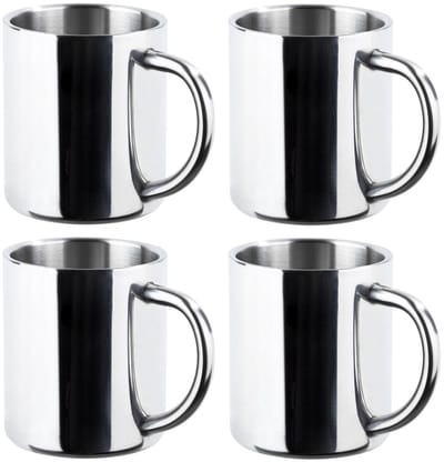 HI RVS mokken set van 4x - dubbelwandig - Outdoor/camping drink mokken - 200 ml