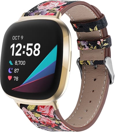 By Qubix - Compatible Fitbit bandje - geschikt voor Fitbit Versa 3/4 & Sense 1/2 leren bandje - Bloemenprint Smartwatchbandje bandje Armband Polsband Strap Band Watchband