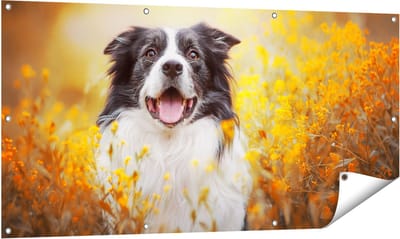 Gards Tuinposter Blije Hond tussen de Bloemen - 140x70 cm - Tuindoek - Tuindecoratie - Wanddecoratie buiten - Tuinschilderij