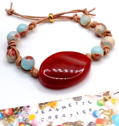 Jeannette-Creatief® - Natuursteen - Natuursteen Brown Red Opal & Lichtblauwe Natuursteen - Damesarmband - Lederen Armband - Leren Armband - Armband met Natuursteen - Natuurstenen Armband - Armband met Agaat - Kralenarmband Natuursteen