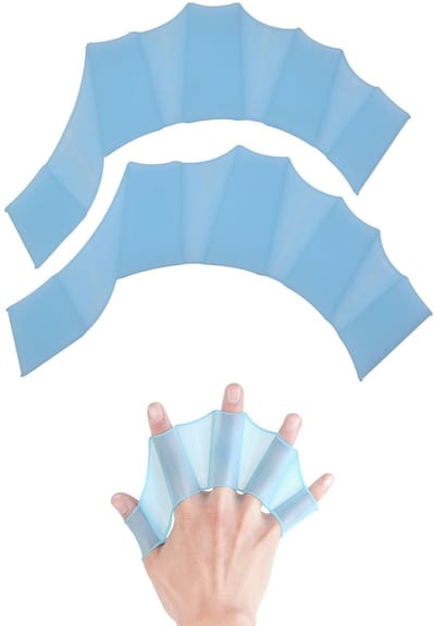 1-paar Zwemhandschoenen - Vingerpeddels - Siliconen vingerpeddels - Trainingsvingerpeddels - Maat M - 18x5,5 cm - Geschikt voor dames - Geschikt voor watersporten zoals aquagym, surfen, snorkelen, zwemmen en raften - Blauw