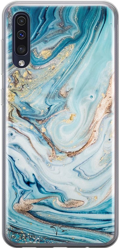 Hoesje geschikt voor Samsung Galaxy A50 - Marmer blauw goud - Soft Case - TPU - Marmer - Blauw - Mooie Telefoonhoesjes