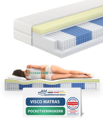 AM Qualitätsmatratzen - Premium traagschuim matras 80x200cm - Zacht (H2) - 1000 veren - Pocketveringmatras - Matras met geïntegreerde 6cm traagschuim deklaag - 24cm hoogte - Made in Germany