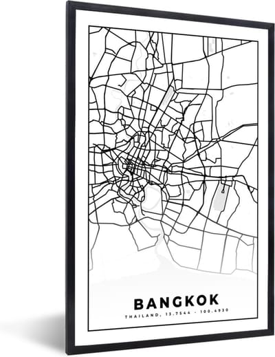 Fotolijst incl. Poster Zwart Wit- Bangkok - Zwart Wit - Plattegrond - Stadskaart - Kaart - 40x60 cm - Posterlijst