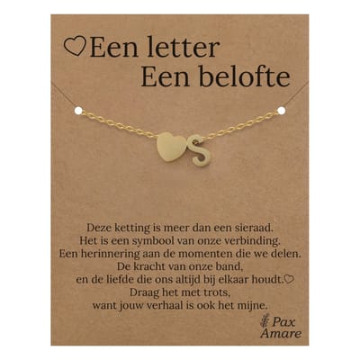 Letter S Armband op Cadeau Kaartje - Een letter, een belofte - 15,5cm + 5,5cm verstelbaar Goudkleurig Stainless Steel - Initiaal & Hartje Hanger - Pax Amare