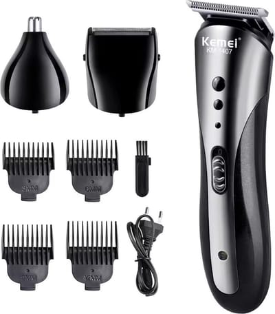3in1 Multifunctionele Kemei Set - Usb Oplaadbare Krachtige Scheerapparaat met Haar/Baardtrimmer, Precisietrimmer en Oor/Neustrimmer- Voor pijnloze ontharing en de perfecte Lichaamshaar verzorging - Kleur: Zilver/Zwart