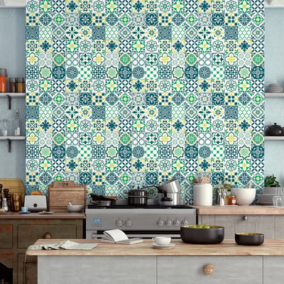 Zelfklevende tegelmuurstickers voor keuken en badkamer - 60 Azulejos Djiona cementtegelstickers - 60 stickers 10x10cm
