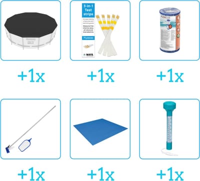 Accessoires voor Bestway Fast Set Opblaasbaar zwembad - 366x76 cm - Rond - Met filterpomp - Bestway - 57274 - Afdekzeil - Testrips - Filter - Schoonmaakset - Grondzeil - Thermometer