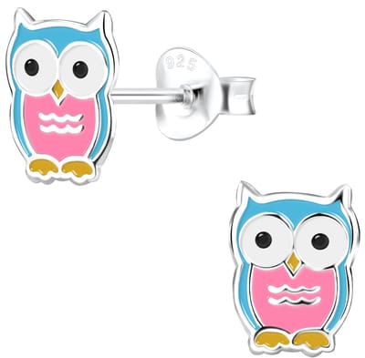 Joy|S - Zilveren uil oorbellen - roze blauw - 6 x 8 mm